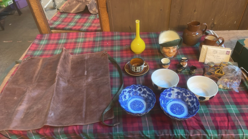 BOX LEATHER APRON TOBY JUGS CHINA ETC