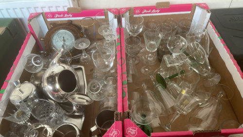 2 BOXES ASSORTED GLASSWARE METAL WARE & BAROMETER