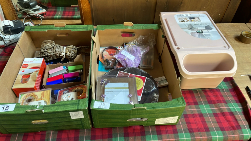 2 BOXES MISC & BED TRAY