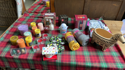 2 BOXES CANDLES BLANKETS PLANTER ETC