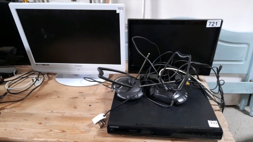 2 SMALL TECHNIKA TV'S DVD PLAYER ETC- ONE REMOTE IN OFFICE