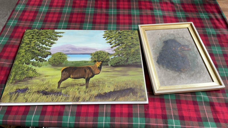 OIL PAINTINGS DOG & STAG