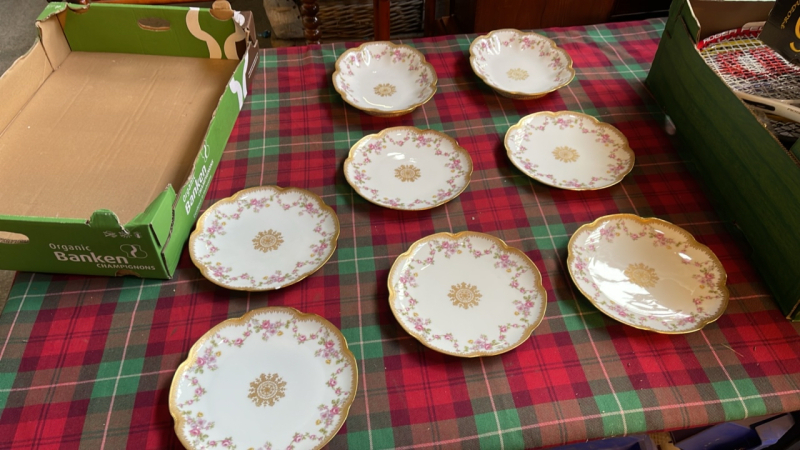 BOX- MAPLES & CO DESSERT SET- 1 PLATE DAMAGED