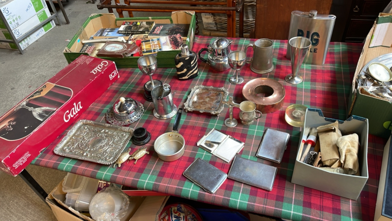 3 BOX METAL WARE, BOOKS ETC