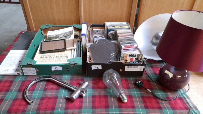 3 BOXES LAMPS TAPS CD'S SHELF FRAMES & MISC