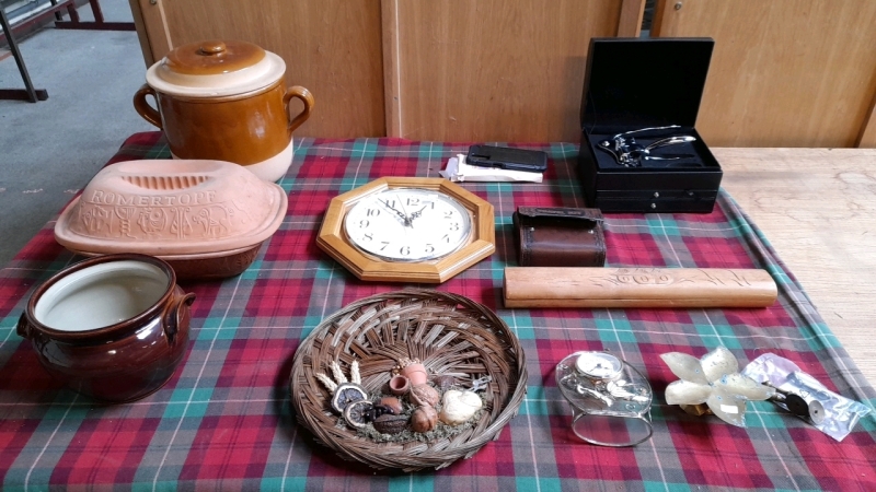 2 BOXES POTTERY CLOCKS & MISC