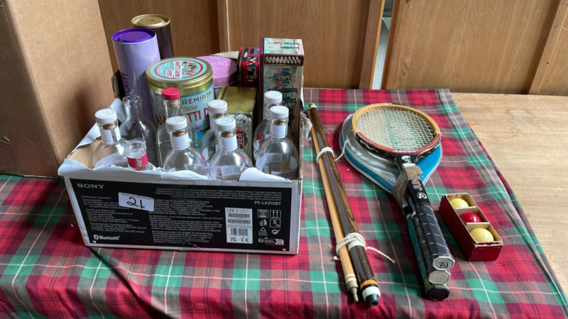 2 BOXES SPORTING ITEMS BOTTLES TINS ETC