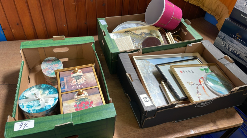 3 BOXES ASSORTED WOODEN WARE PICTURES TRAYS ETC