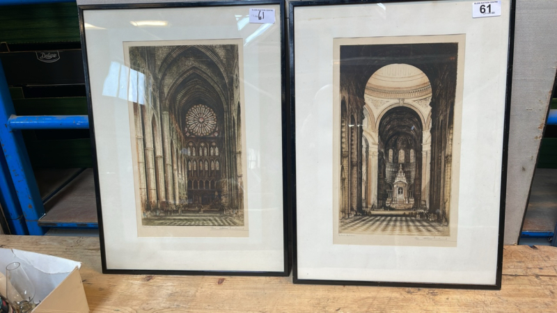 2 ETCHING PICTURES- WESTMINSTER ABBY & ST PAULS CATHEDRAL