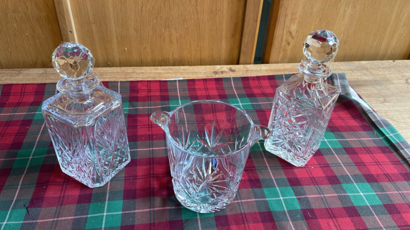 2 CRYSTAL WHISKY DECANTERS & ICE BUCKET