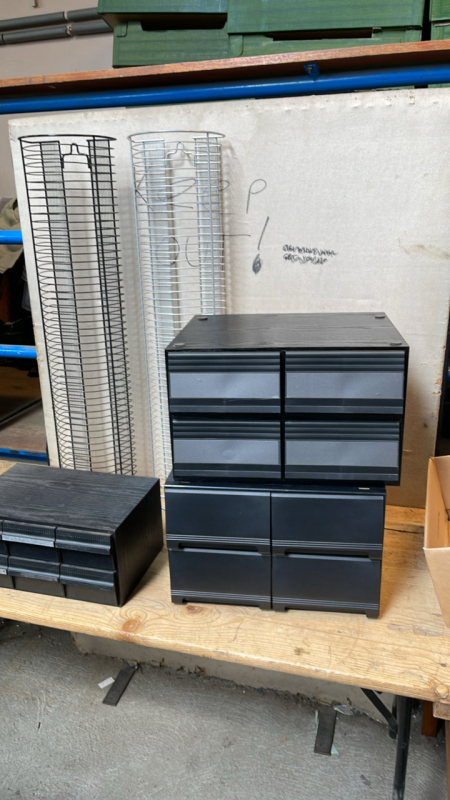 2 BOXES VHS BOX CASSETTES & 2 DVD RACKS