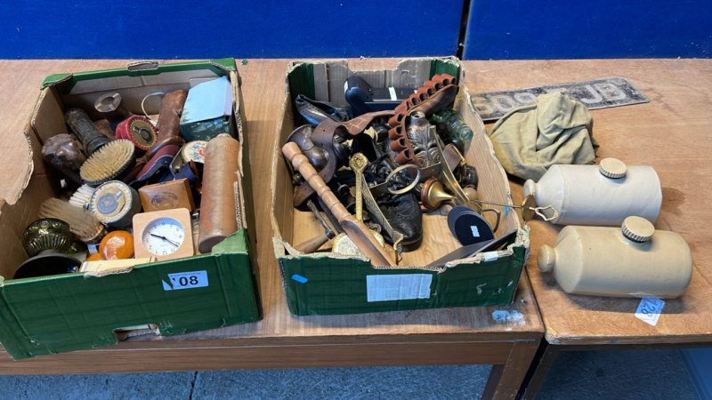2 BOX MISC METAL & WOODEN WARE ETC