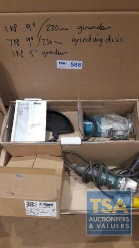 Unused Makita 9" 110V Angle Grinder, Box Of Grinding Discs