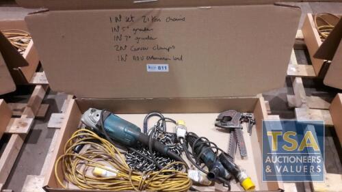 Box c/w 2.1 Ton Chain, 110V Extension Cable, 2 No. Clamps,