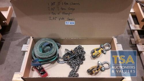 Box c/w 2.1Ton Chain, 2 No. 2Ton Slings, Box Stamps & 2 No.