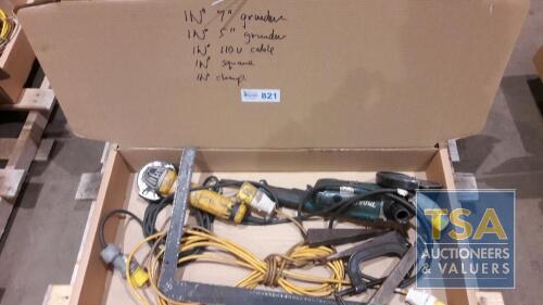 Box c/w 2 No. Various Angle Grinders 110V, 110V Extension