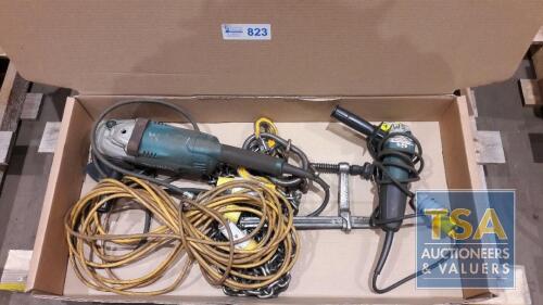 Box c/w 2 No. Makita Angle Grinders 110V, Clamp, Chain &