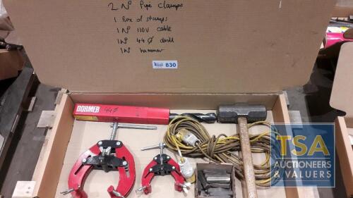 Box c/w Pipe Clamps, Box Stamps, Hammer, Dormer 440 Drill & 110V