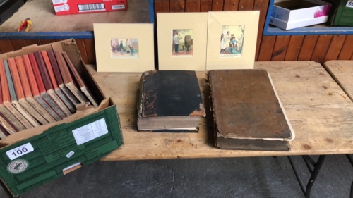 2 BOXES BIBLES SCRAP BOOKS & 3 PRINTS