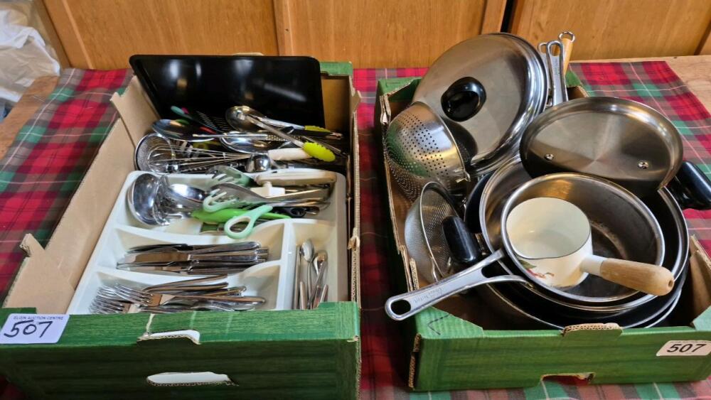 2 BOXES ASSORTED PANS CUTLERY & KITCHEN UTENSILS ETC