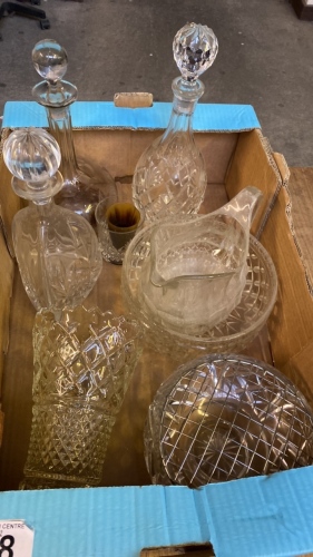 BOX ASSORTED GLASSWARE DECANTERS ETC