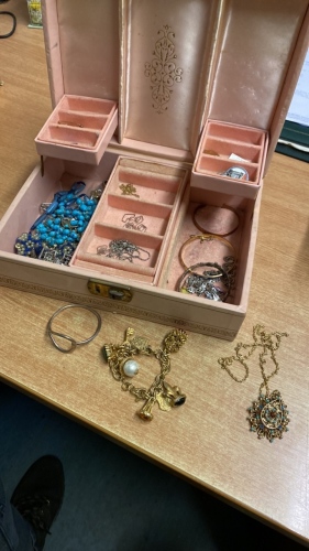 JEWELLERY BOX & CONTENTS SILVER BANGLES ETC