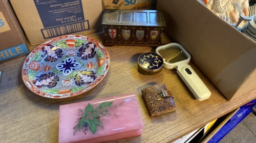 BOX PLATE BOXES MAGNIFYING GLASS ETC