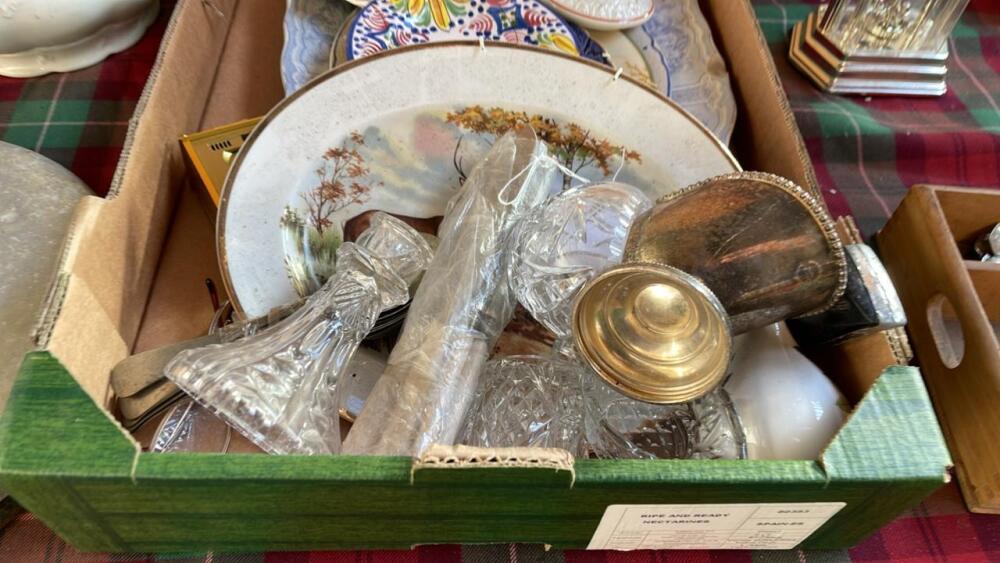 2 BOXES OF PLATES, LAMP, PLATED WARE