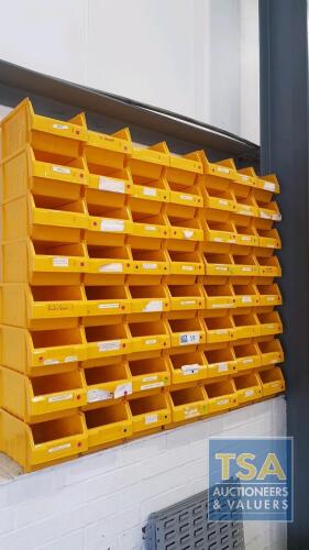 64 No. Yellow Plastic Parts Bins c/w 5 No. Metal Wall Brackets