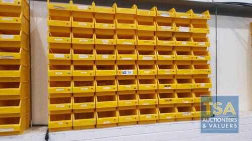 64 No. Yellow Plastic Parts Bins c/w 7 No. Metal Wall Brackets