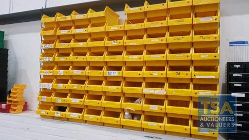 72 No. Yellow Plastic Parts Bins c/w 5 No. Metal Wall Brackets