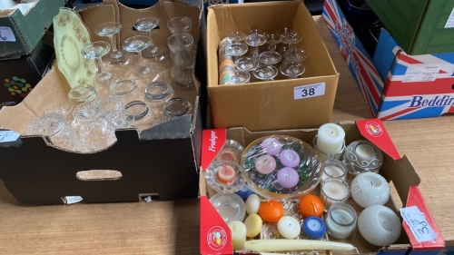 3 BOXES GLASSES CANDLES ETC