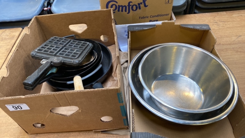 2 BOXES FRYING PANS & S S BOWLS