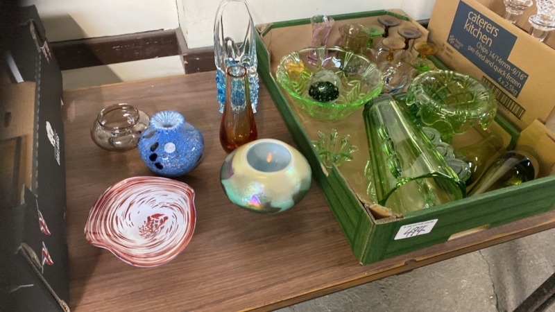 2 BOXES COLOURED GLASS ITEMS