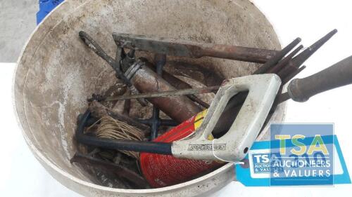 Plastic Tub c/w Saw, Grease Gun, Files, Wheel Key Etc