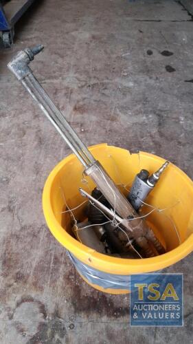 PAIL OF 4 AIR TOOLS AND BURNING TORCH