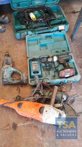 2 MAKITA HAMMERDRILLS, BIG GRINDER, SMALL GRINDER & DRILL