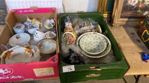 2 BOXES ASSORTED CHINA & ORNAMENTS ETC