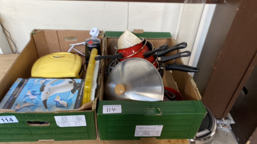 2 BOXES-PANS WOK STEAM CLEANER KITCHENWARE & SCALES ETC