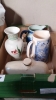 BOX ASSORTED CHINA, JUGS, VASE, FIGURINES & STONE BOTTLE