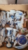 2 BOXES ASS CHINA, FIGURINES, WHISKY JUG ETC