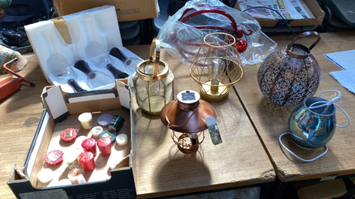 2 BOXES LANTERNS RED LIGHT CANDLES & GLASSES