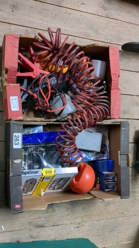 2 BOXES ASSORTED TOOLS JUMP LEADS ETC
