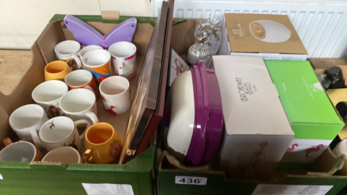 2 BOXES-MUGS PICTURES ORNAMENTS LIGHTS ETC