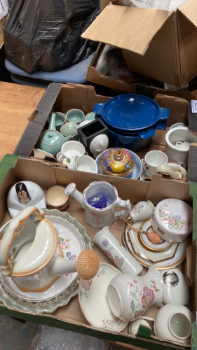 2 BOXES ASSORTED CHINA CAST POTS ETC