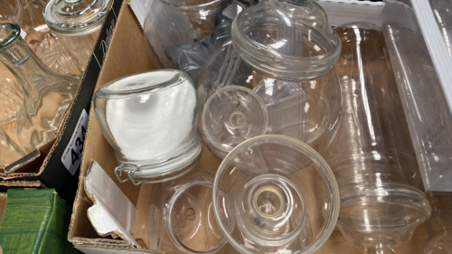 2 BOXES ASSORTED GLASSES & PLASTIC CONTAINERS ETC