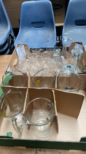 2 BOXES BACARDI & GLASS JUGS DECANTERS ETC