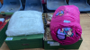 2 BOX SLEEPING BAG, DUVET SETS, THROWS WHITE CUSHION TOWELS ETC