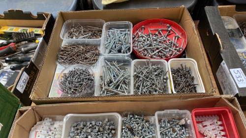 4 BOXES ASSORTED NAILS SCREWS NUTS & BOLTS