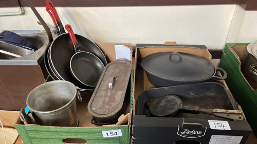 2 BOXES ASSORTED PANS ICE BUCKET FISH KETTLE ETC